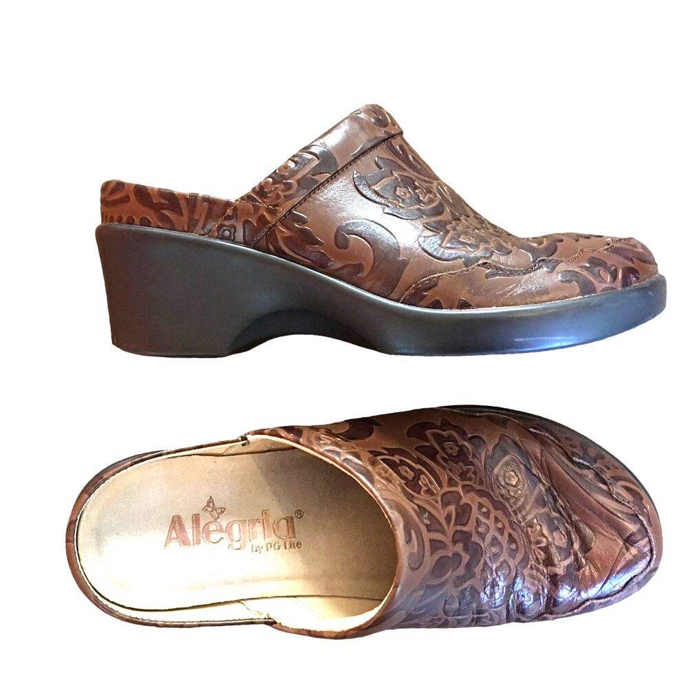 Alegria Isabelle Floral Tooled Brown Heeled Mule Womens 36 6-6.5 Comfort Cowgirl